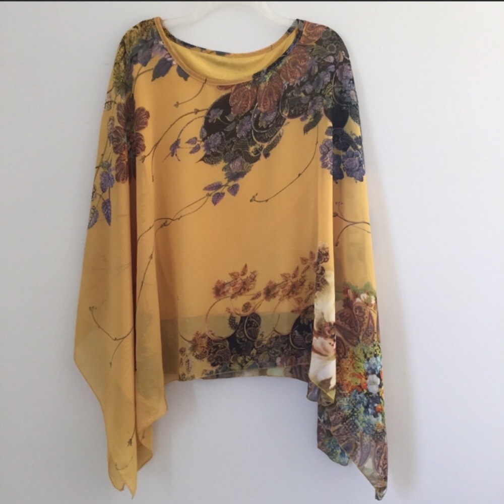 NWT Chiffon Yellow Floral Batwing Top - L/XL